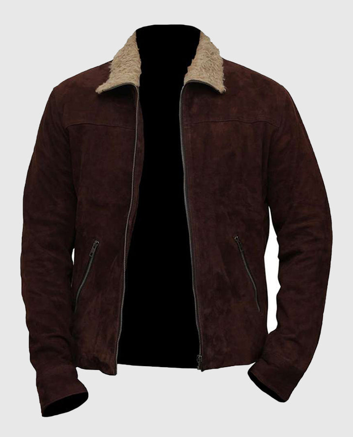 Walking Dead Rick Grimes Andrew Lincoln Brown Leather Suede Jacket - collar and zip close-up