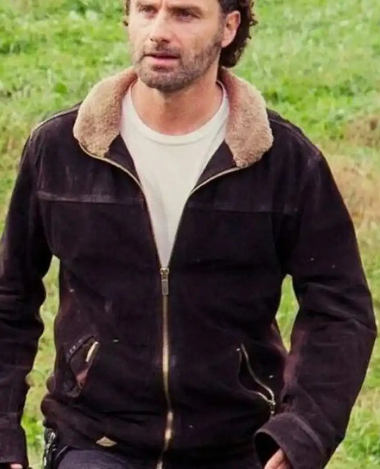Walking Dead Rick Grimes Andrew Lincoln Brown Leather Suede Jacket - front view