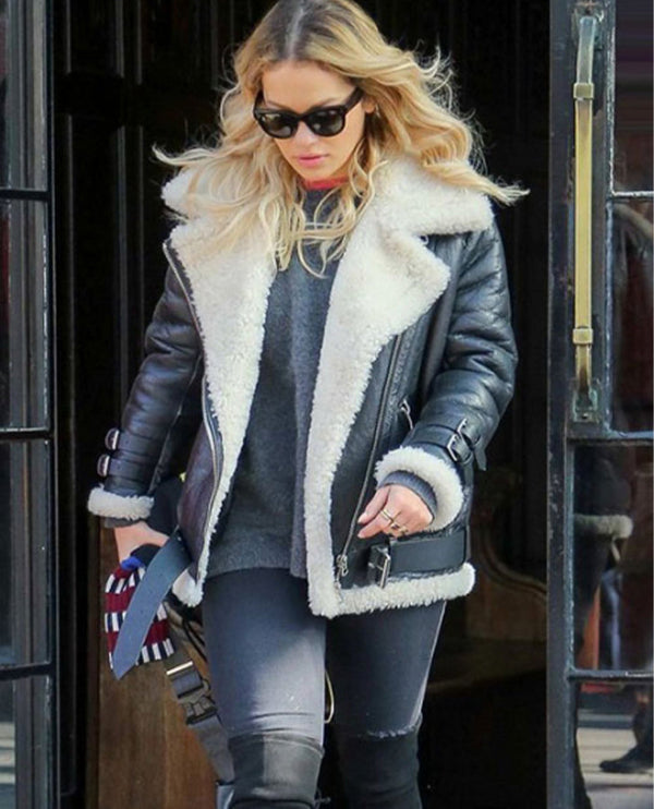 Rita Ora Black Leather Biker Jacket for Women – Custom Fit - front view