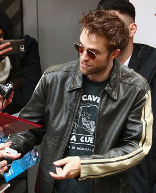 Robert Pattinson Vintage Black Leather Jacket for Men - front view