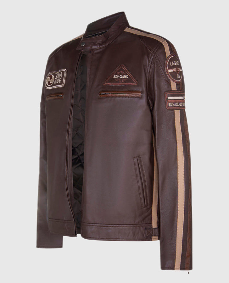 Men's Sizma Brown Cafe Racer Style Leather Jacket | Genuine Leather - front view