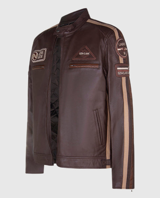 Men's Sizma Brown Cafe Racer Style Leather Jacket | Genuine Leather - front view
