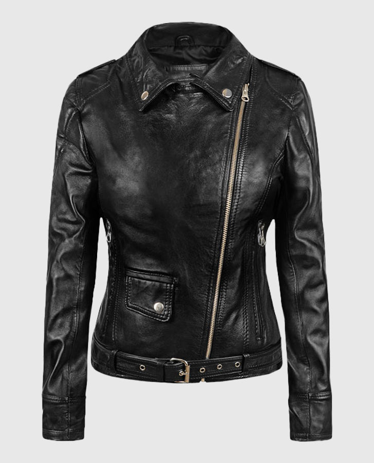 Sarah Connor Terminator Genisys Black Leather Biker Jacket for Women - front view