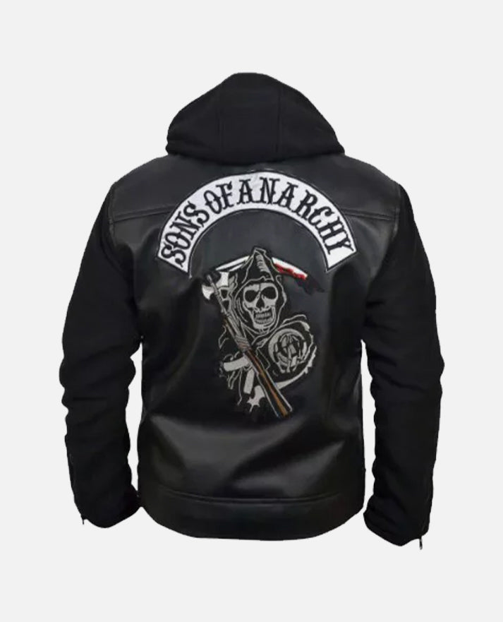 Sons of Anarchy Black Leather Hooded Jacket with Hoodie for Men - front view