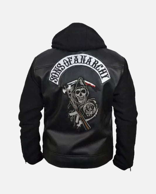 Sons of Anarchy Black Leather Hooded Jacket with Hoodie for Men - front view