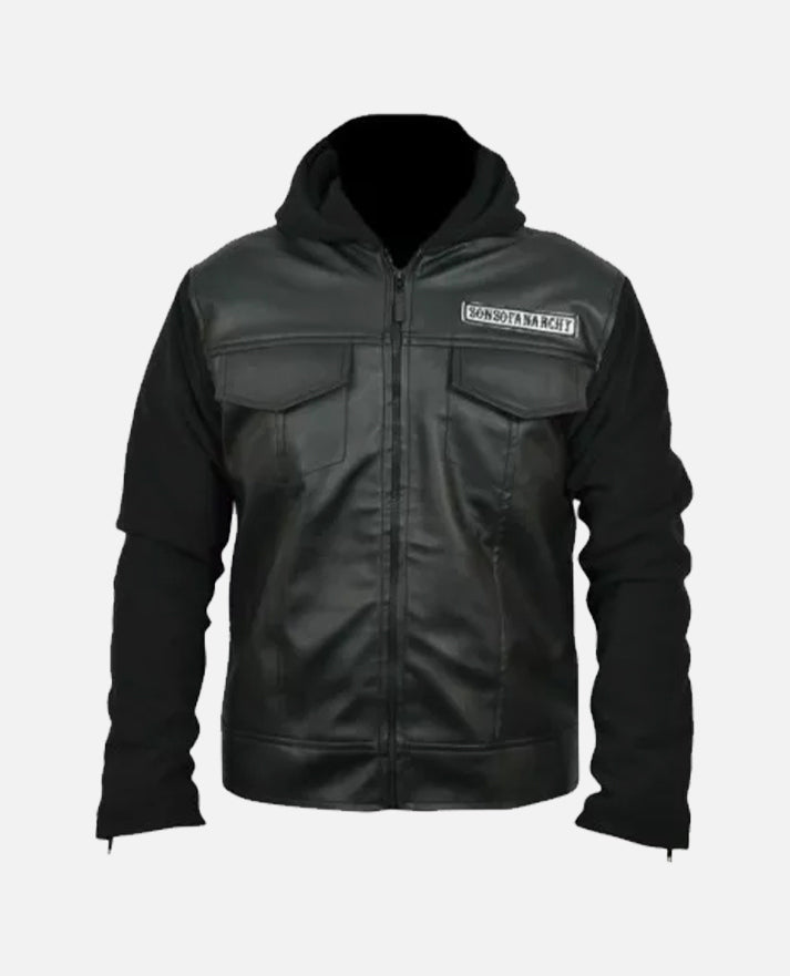 Sons of Anarchy Black Leather Hooded Jacket with Hoodie for Men - back view