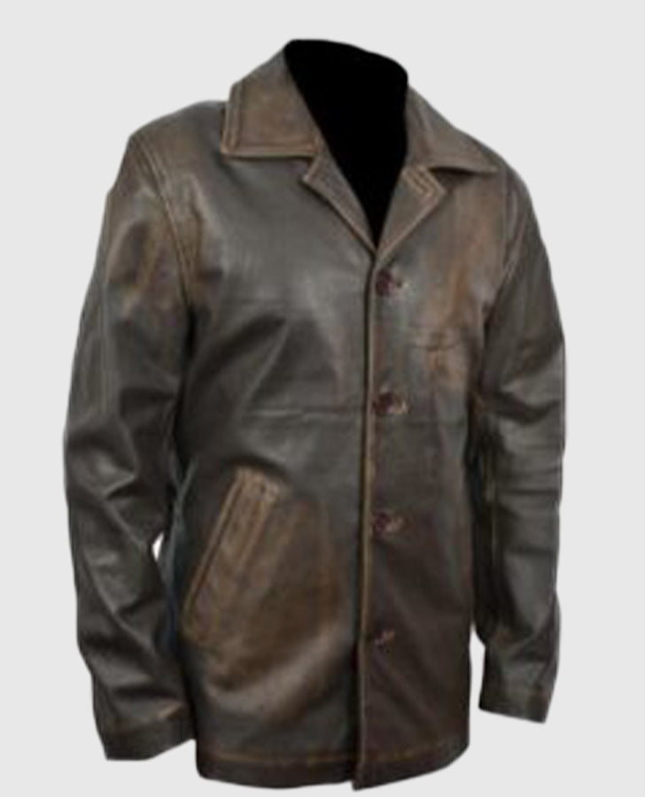 Supernatural Dean Winchester Distressed Brown Long Leather Jacket - collar and zip close-up