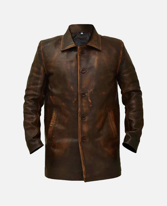 Men's Supernatural Brown Leather Trench Coat – Custom Fit - front view