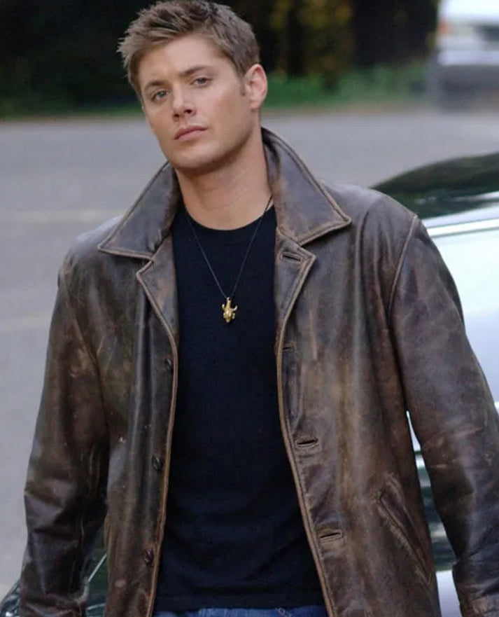 Supernatural Dean Winchester Distressed Brown Long Leather Jacket - front view
