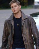 Supernatural Dean Winchester Distressed Brown Long Leather Jacket - front view