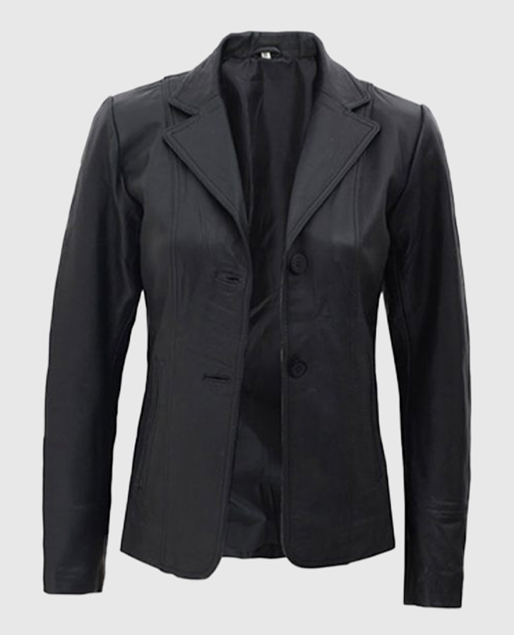 Women's Black Leather Blazer – Premium Outerwear – Custom Fit - side angle view