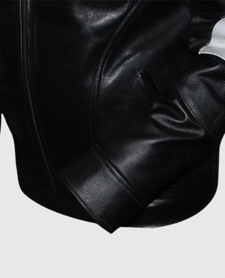 8 Ball Pool Billiard Cue 90's Retro Black Leather Jacket for Men - side angle view