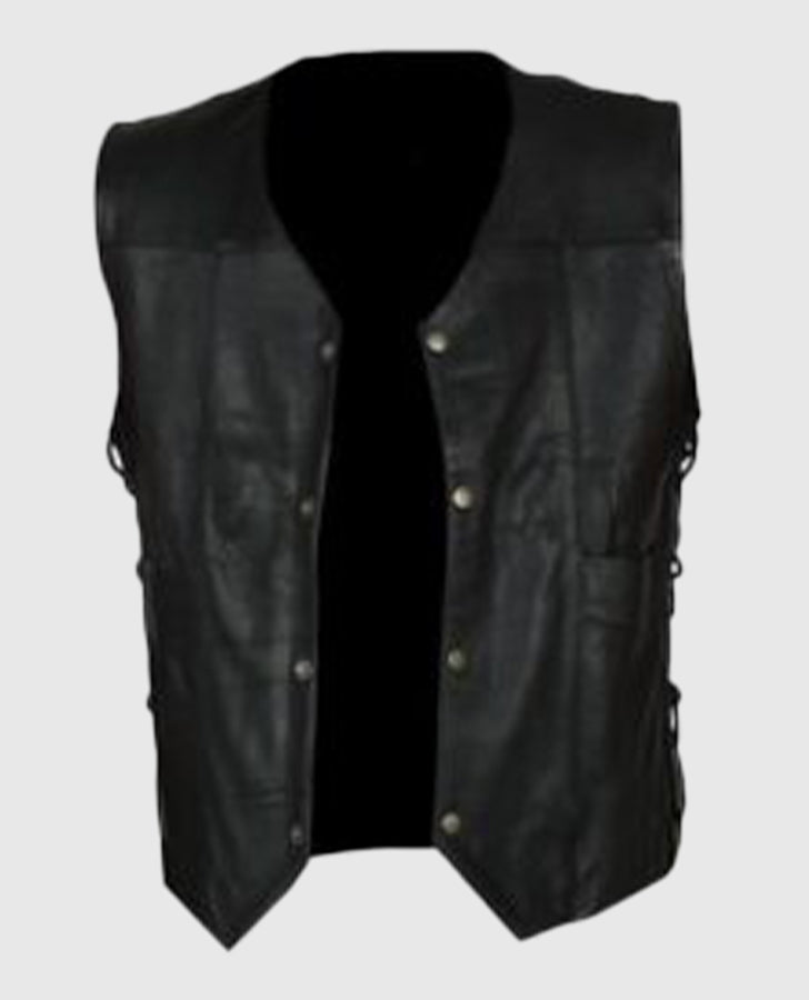 The Walking Dead Governor Daryl Black Leather Vest for Men - collar and zip close-up