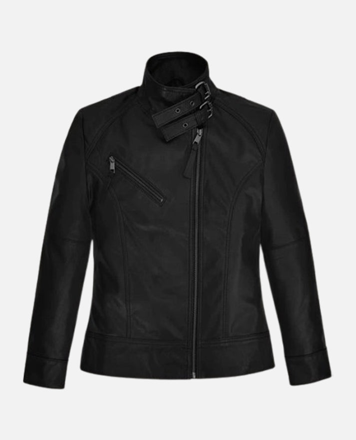 The Bricklayer Nina Dobrev Black Leather Biker Jacket for Women - back view