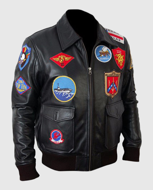 Top Gun Black Bomber Leather Jacket for Men | Genuine Leather - side angle view