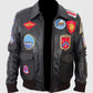 Top Gun Black Bomber Leather Jacket for Men | Genuine Leather - collar and zip close-up