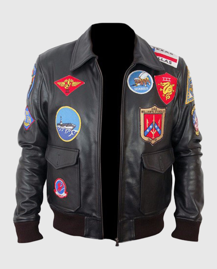 Top Gun Black Bomber Leather Jacket for Men | Genuine Leather - collar and zip close-up