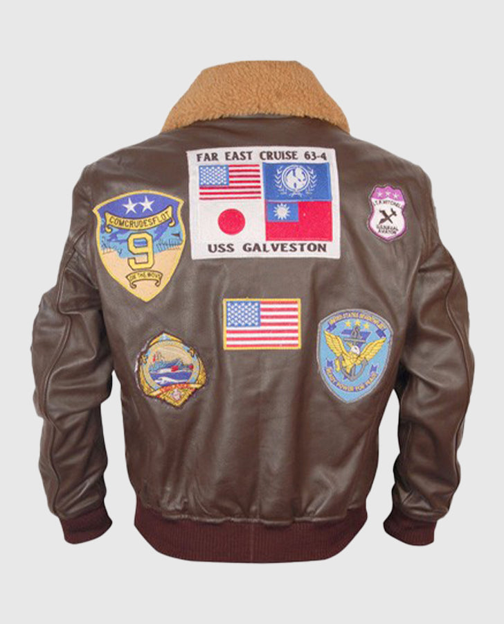 Top Gun Pete Mitchell Brown Bomber Leather Jacket for Men - side angle view