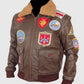 Top Gun Pete Mitchell Brown Bomber Leather Jacket for Men - collar and zip close-up