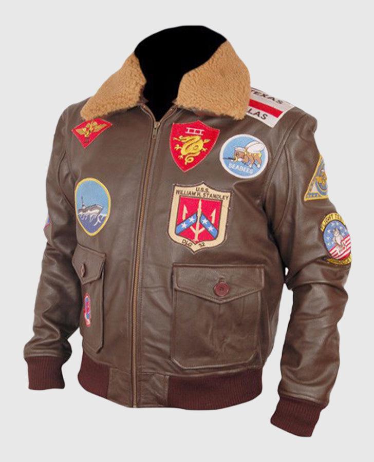 Top Gun Pete Mitchell Brown Bomber Leather Jacket for Men - collar and zip close-up
