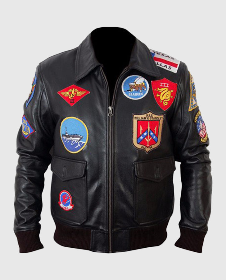 Top Gun Black Bomber Leather Jacket for Men | Genuine Leather - front view