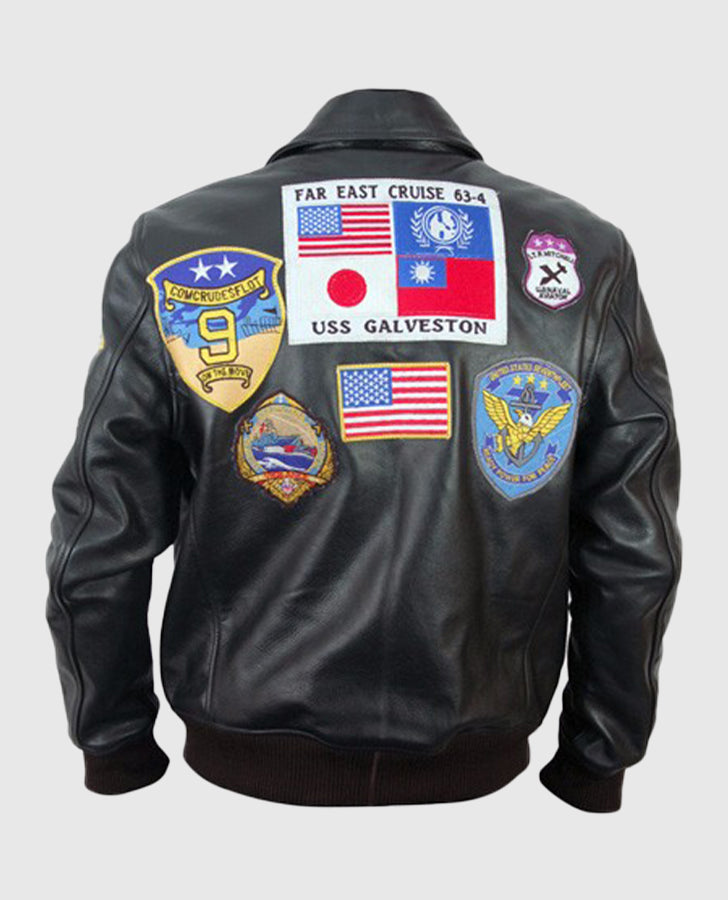 Top Gun Black Bomber Leather Jacket for Men | Genuine Leather - back view