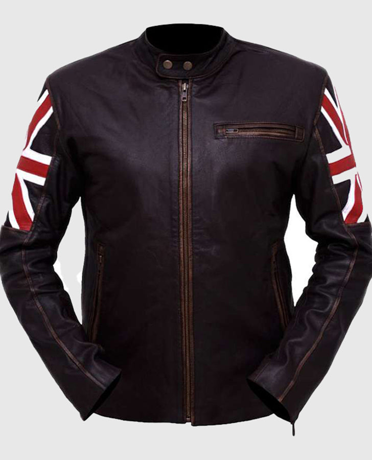 Men's UK Flag Cafe Racer Vintage Black Leather Jacket - front view