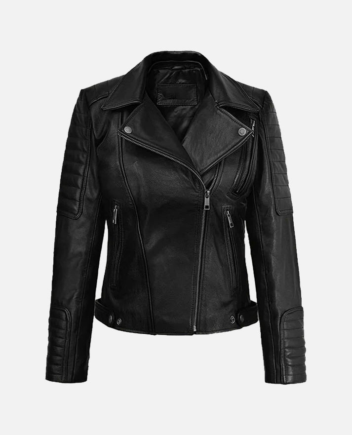 Victoria Justice Black Leather Biker Jacket for Women - back view