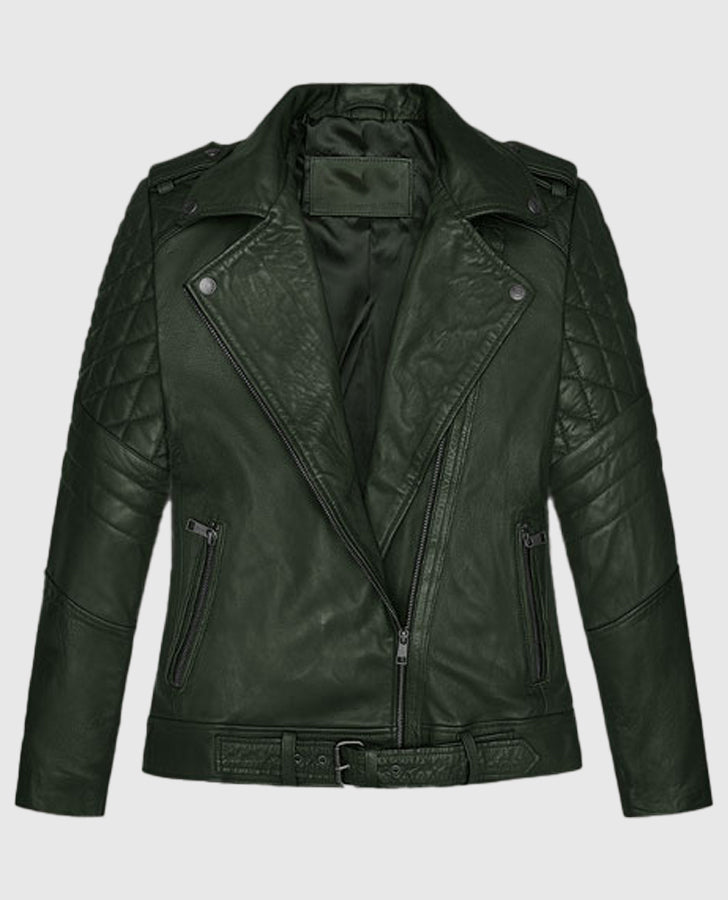 Victoria Justice Green Leather Biker Jacket for Women - back view
