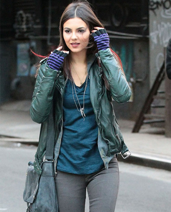 Victoria Justice Green Leather Biker Jacket for Women - front view