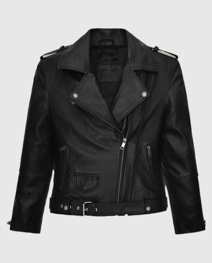 Vox Lux Natalie Portman Black Biker Leather Jacket for Women - back view
