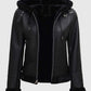 Women's Black Shearling Bomber Leather Jacket with Hood - collar and zip close-up