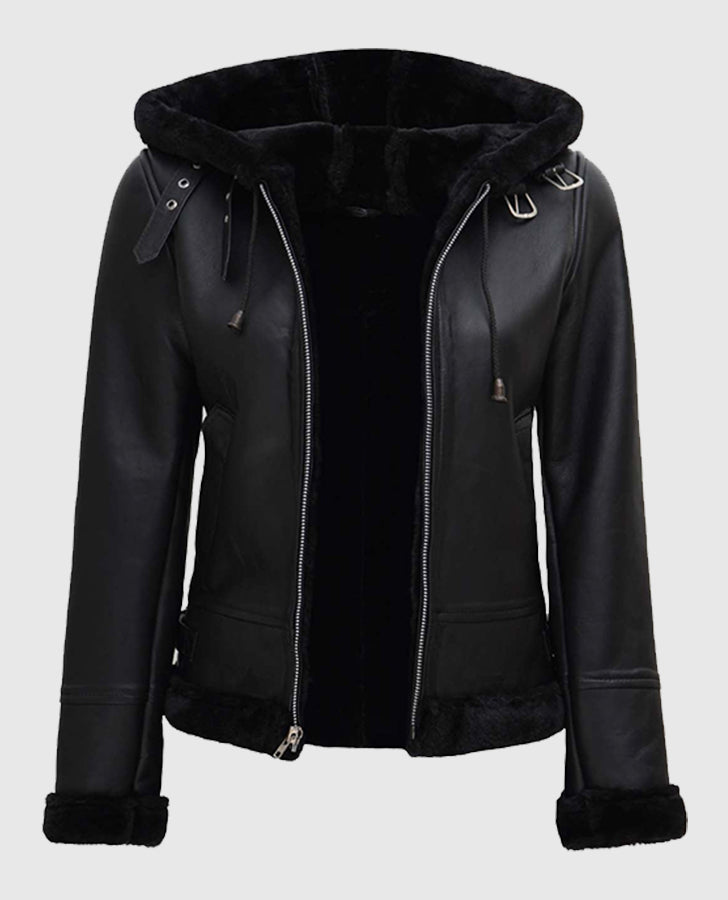 Women's Black Shearling Bomber Leather Jacket with Hood - collar and zip close-up