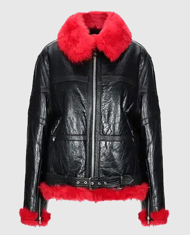 Women Red Faux Fur Aviator Leather Jacket for Women - front view