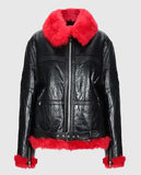 Women Red Faux Fur Aviator Leather Jacket for Women - front view