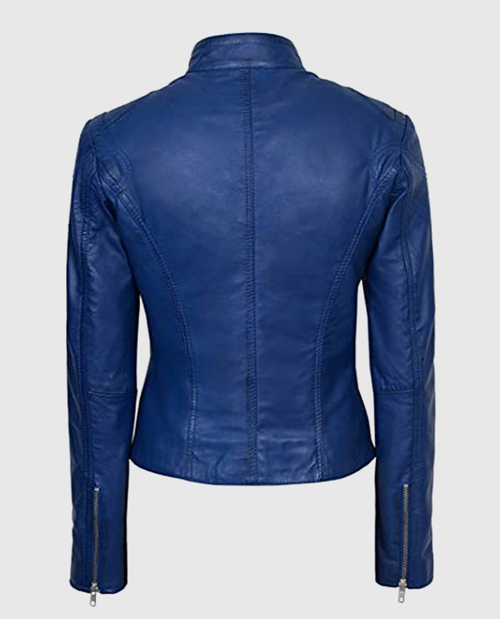 Women's Blue Basic Four Pocket Leather Jacket – Premium Outerwear - back view