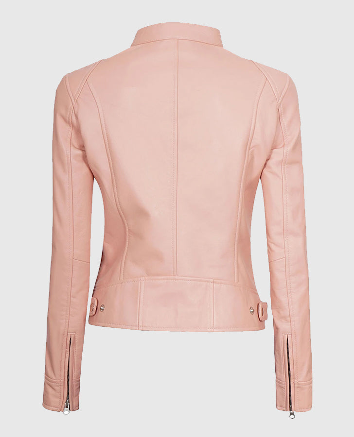 Women's Cafe Racer Light Pink Leather Jacket – Premium Outerwear - back view