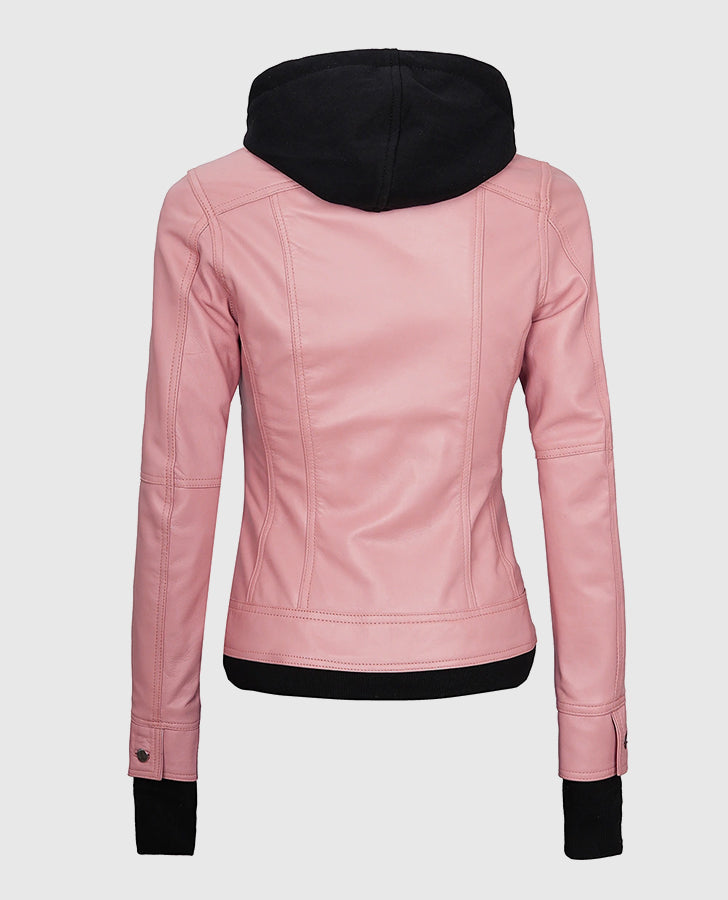 Women's Pink Bomber Leather Jacket with Hood – Premium Outerwear - back view