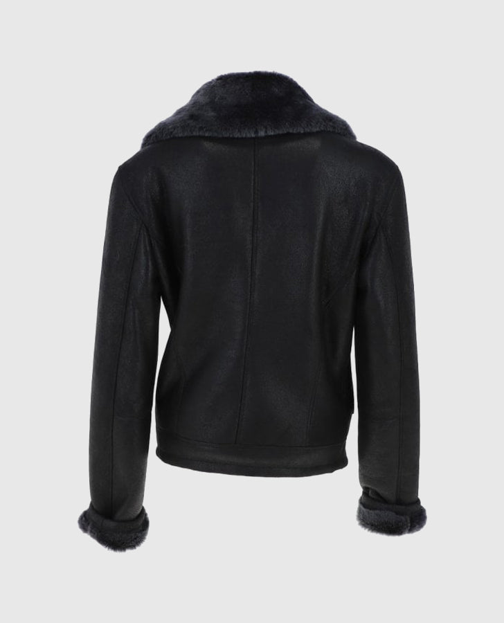 Women's Black Aviator Shearling Leather Jacket – Premium Outerwear - back view
