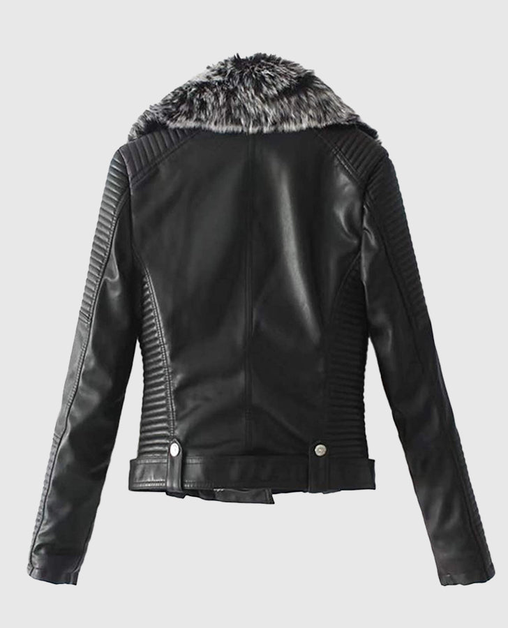 Women's Faux Fur Quilted Moto Black Leather Jacket - back view