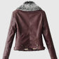 Women's Faux Fur Quilted Moto Maroon Leather Jacket - back view