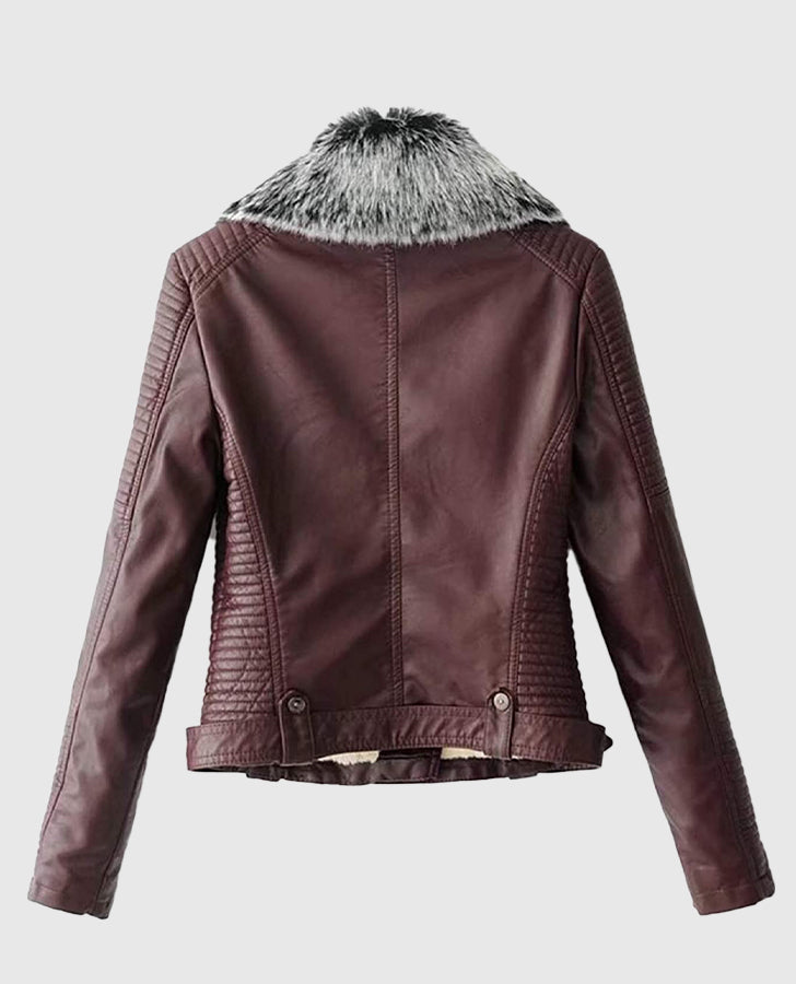 Women's Faux Fur Quilted Moto Maroon Leather Jacket - back view