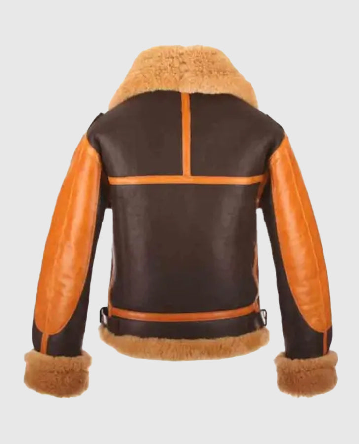 Women's Fur B3 Aviator Brown Shearling Leather Jacket - back view