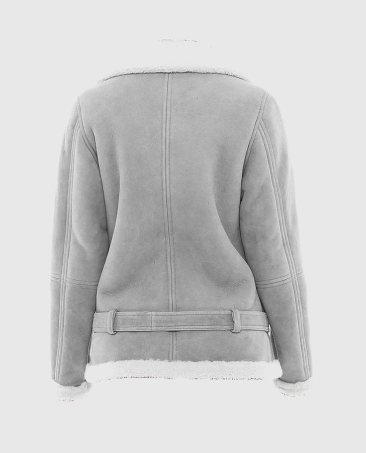 Women's Grey Suede Shearling Jacket – Custom Fit | Genuine Leather - back view
