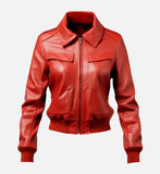 Women Red Leather Jacket Bomber Style