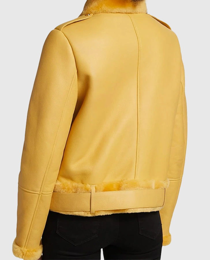 Women's Yellow Shearling Trimmed Leather Moto Jacket - back view