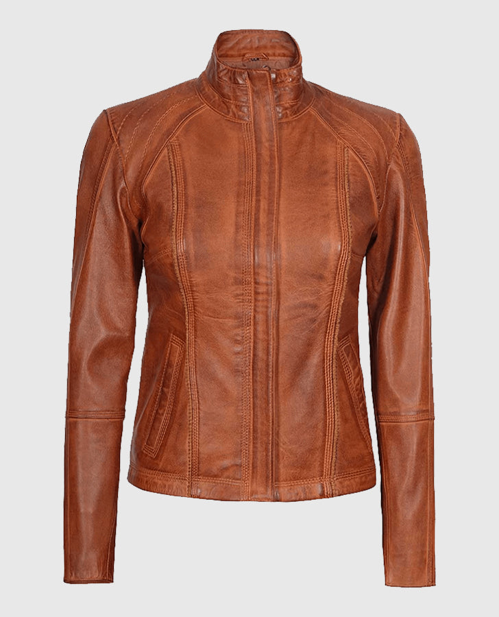 Women's Acerra Real Cognac Brown Leather Jacket – Custom Fit - front view