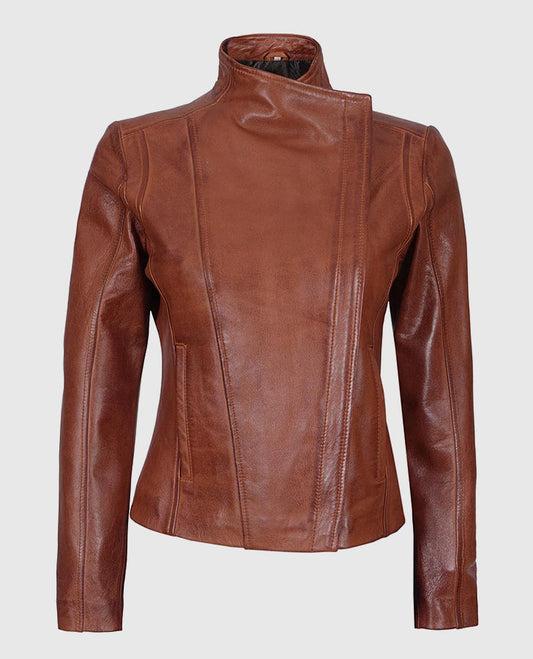 Women's Arezzo Cognac Brown Cafe Racer Leather Jacket - front view