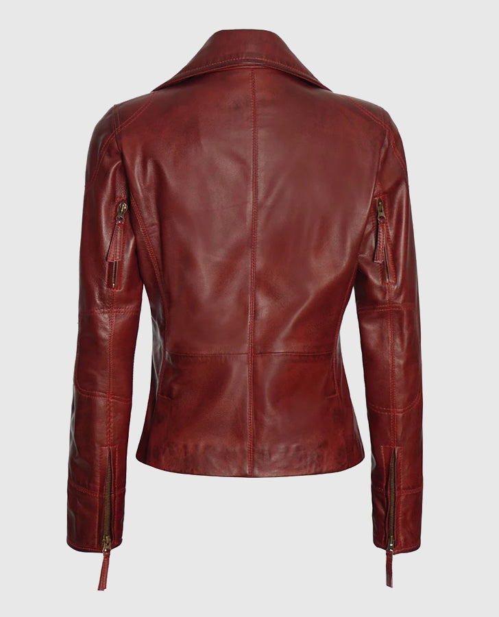 Women's Maroon Asymmetrical Biker Leather Jacket – Premium Outerwear - back view