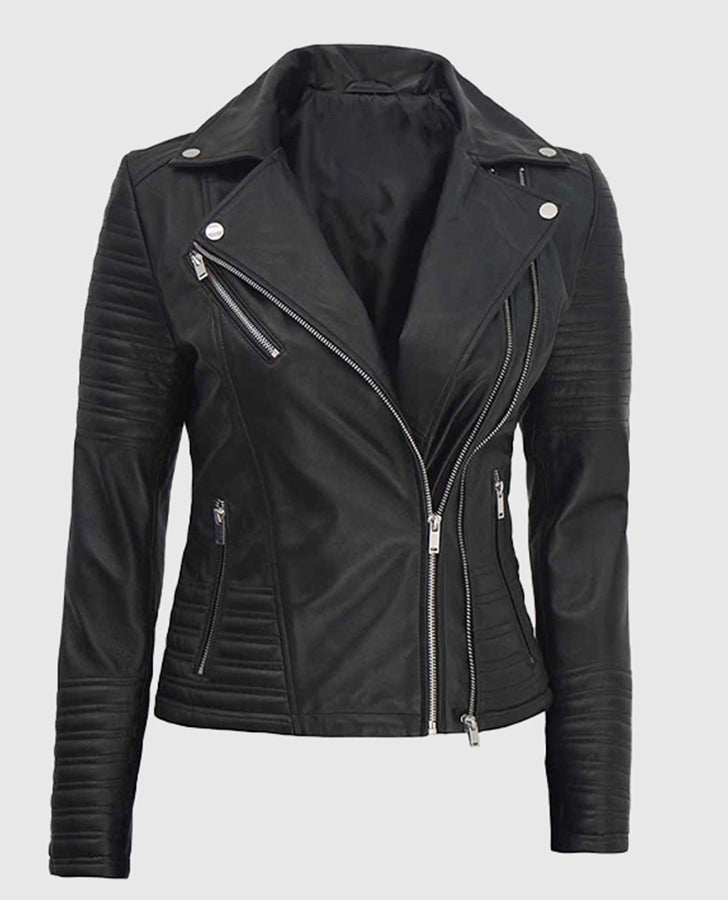 Women's Asymmetrical Quilted Black Biker Leather Jacket - front view